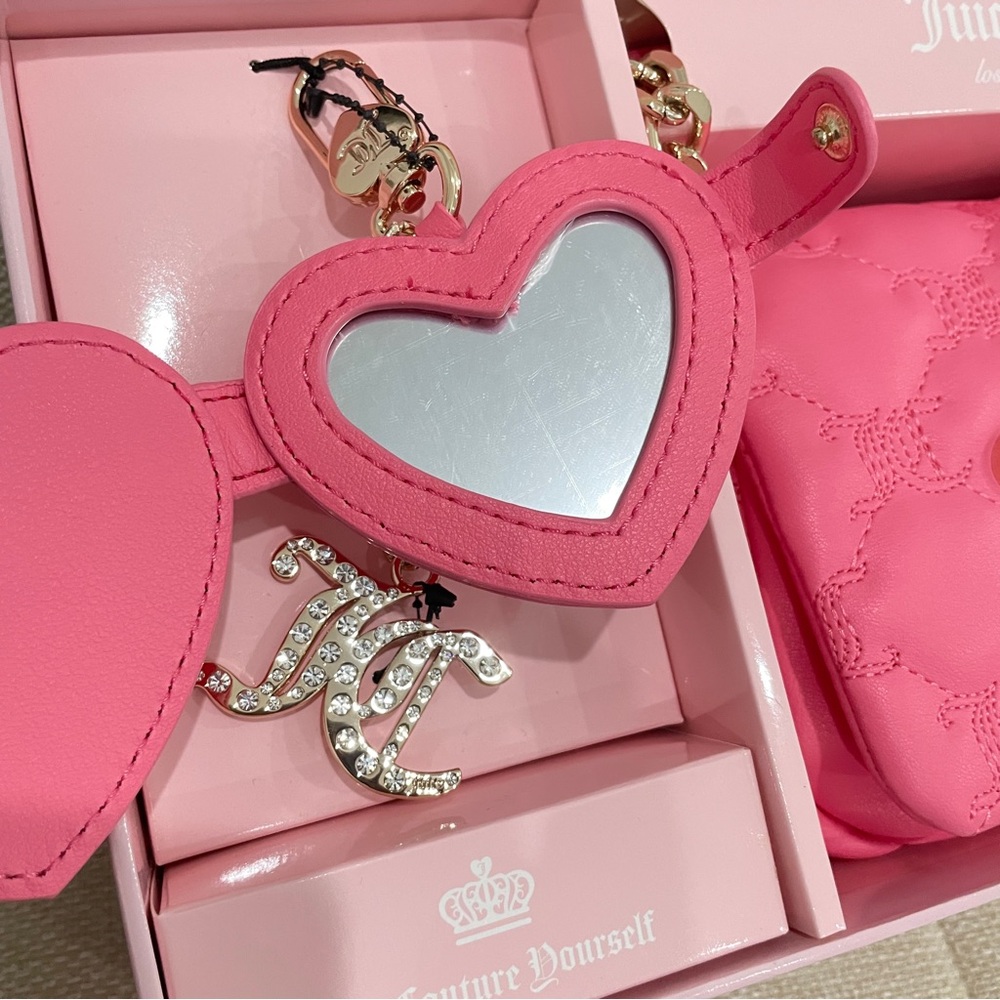 NEW Juicy Couture Pink Quilted Crossbody Bag Rhinestone Logo Mirror Keychain Set - Picture 5 of 12